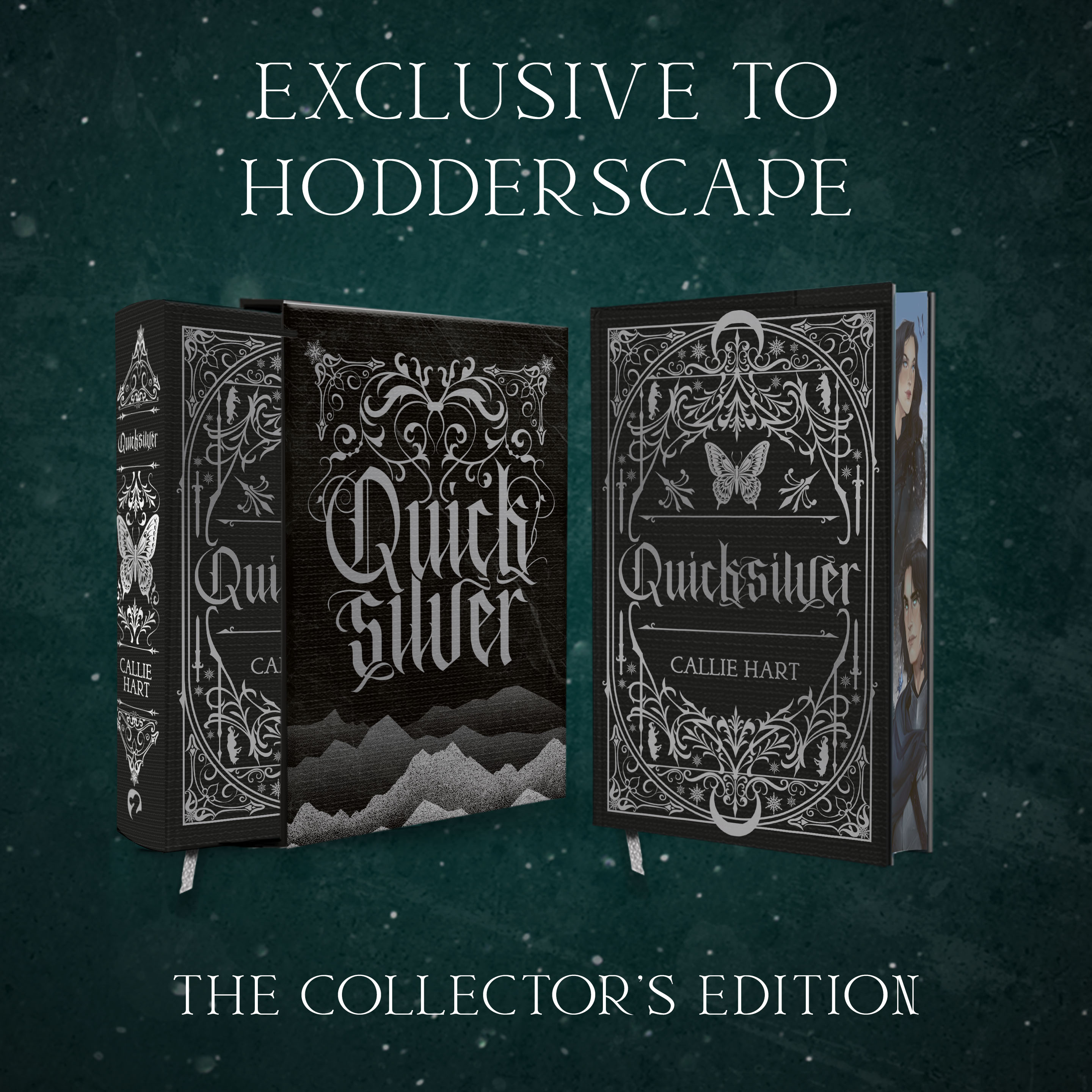 packshot of Quicksilver half in slipcase and packshot of quicksilver showing character art digital edges. Black boards with silver foil gothic design